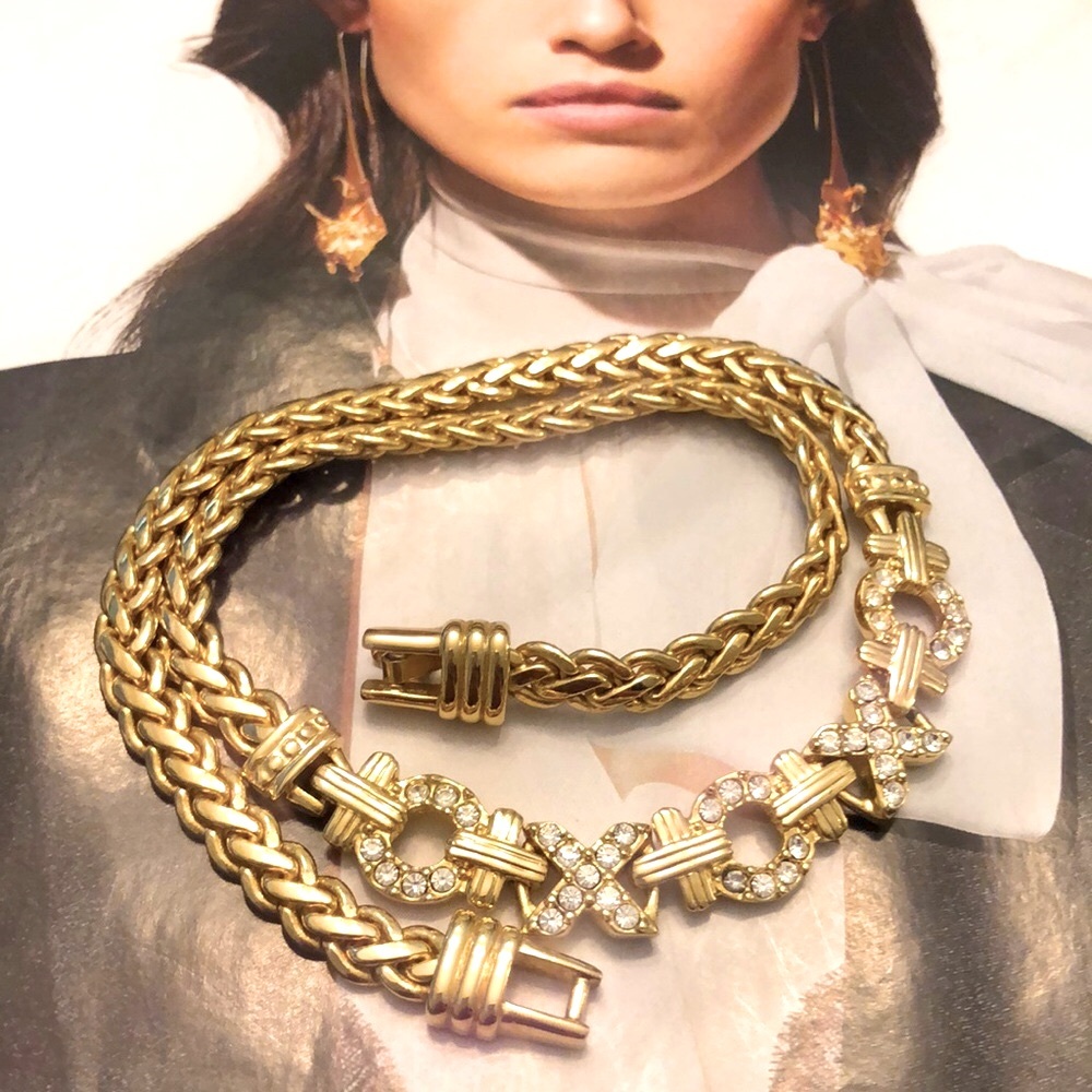 Swarovski Xs and Os Rhinestone Necklace Gold Plated, Austrian Crystal - Picture 6 of 6